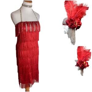 Red 1920s Flapper Dress Costume Set Headpiece Gloves Boa Wig Necklace Sz 4 Small